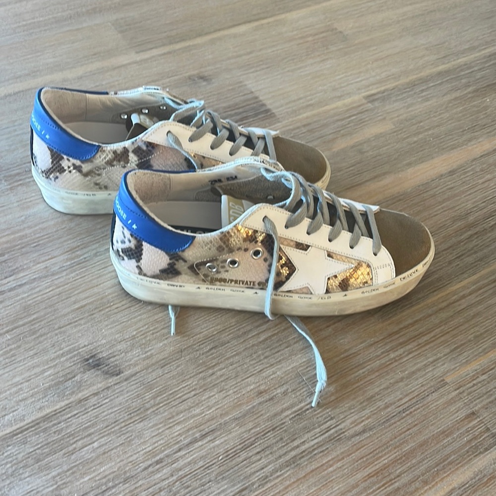 Golden Goose Women's Low-Top Sneakers in White, Blue, Brown Snake Print